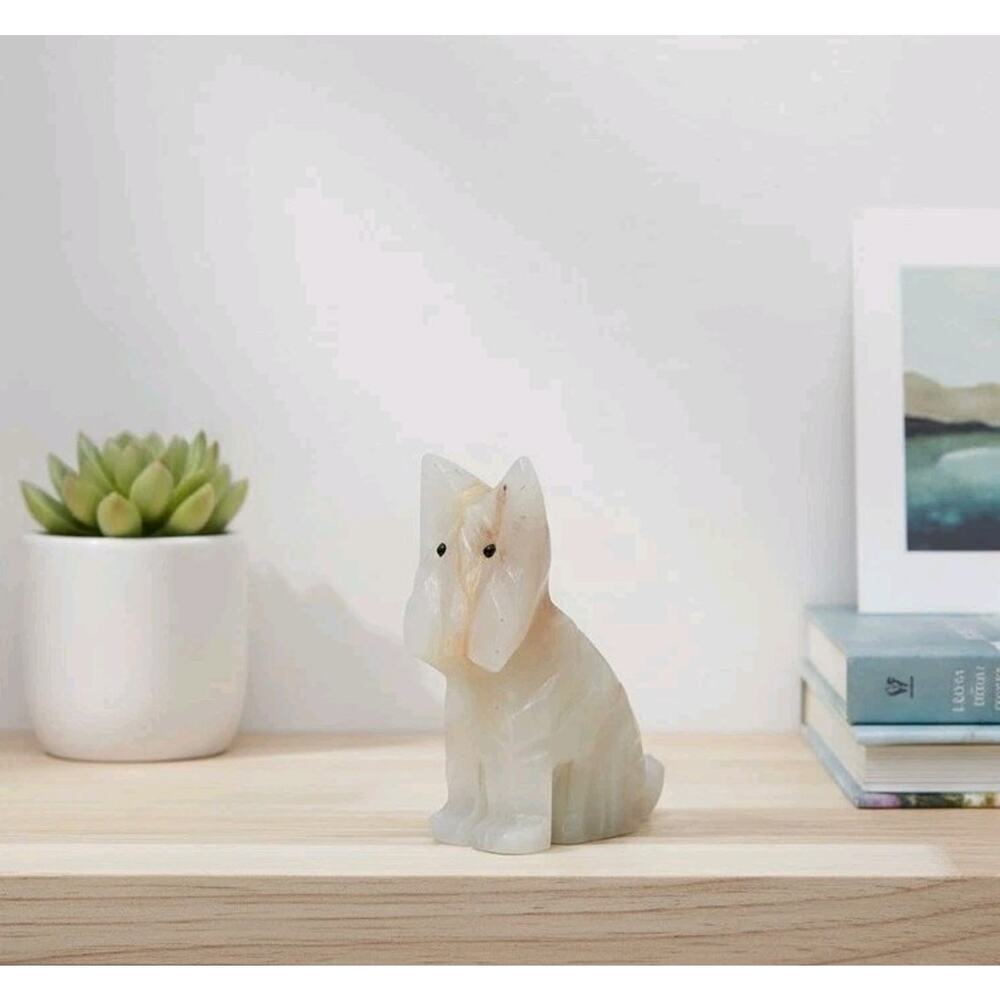 White Alabaster Onyx Stone Terrier Dog Sculpture Vintage Figurine Hand Carved